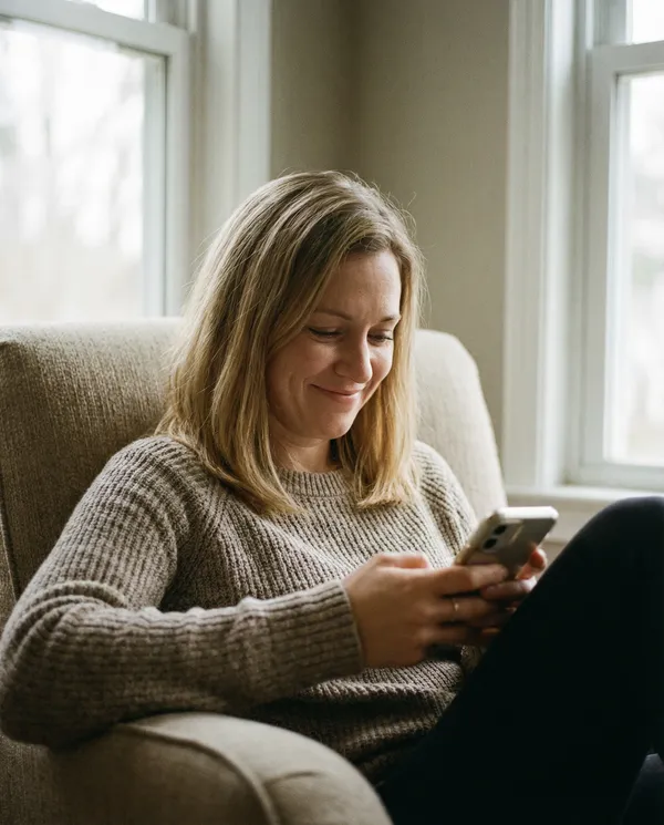 Woman smiling while using her phone at home