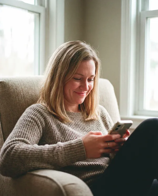 Woman smiling while using her phone at home