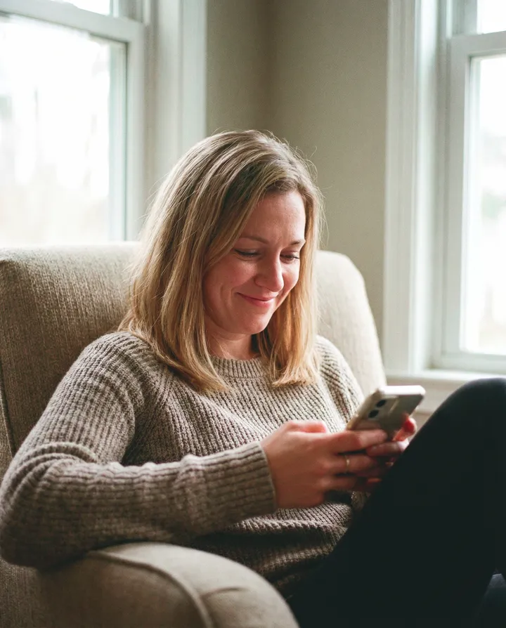 A woman reviewing her personalised care plan on her phone at home